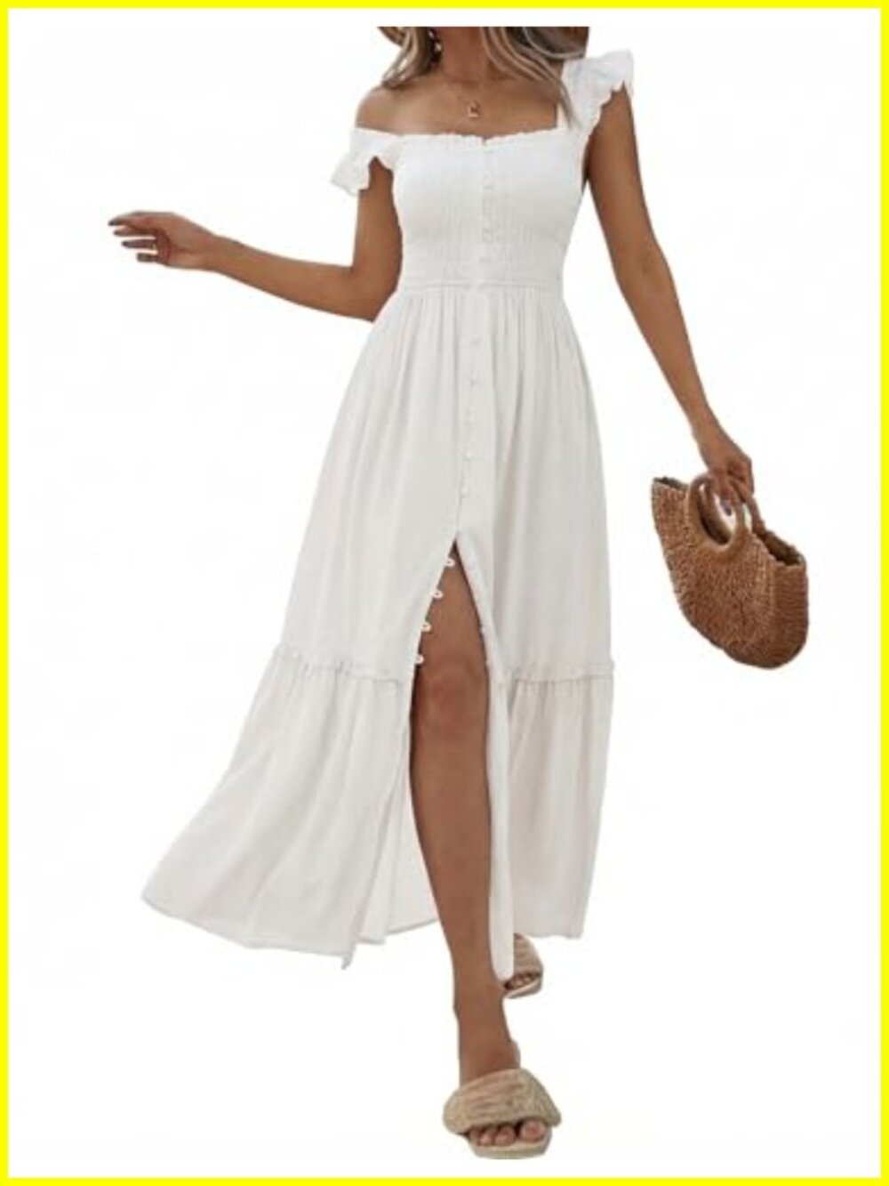 Women Summer Midi Dress Square Neck Smocked Ruffle Strap Flowy Split Beach